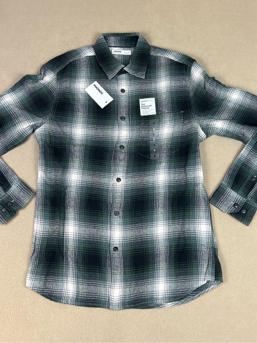 Sonoma The Supersoft Flannel Shirt. 100% Cotton, Plaid. Green. Men's Sz Small